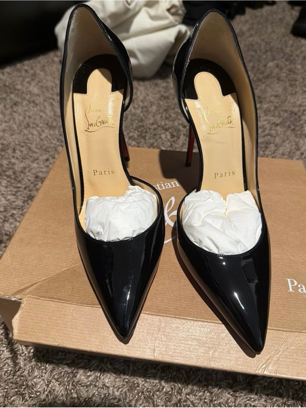 Christian Louboutin Black Patent Pointed Toe Pumps with Red Soles